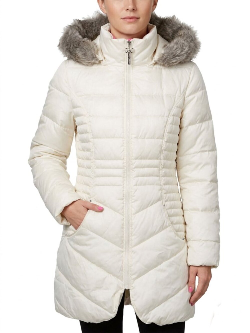 Betsey Johnson Cream Faux Fur Hood Puffer Parka Winer Jacket Quilted Size Large